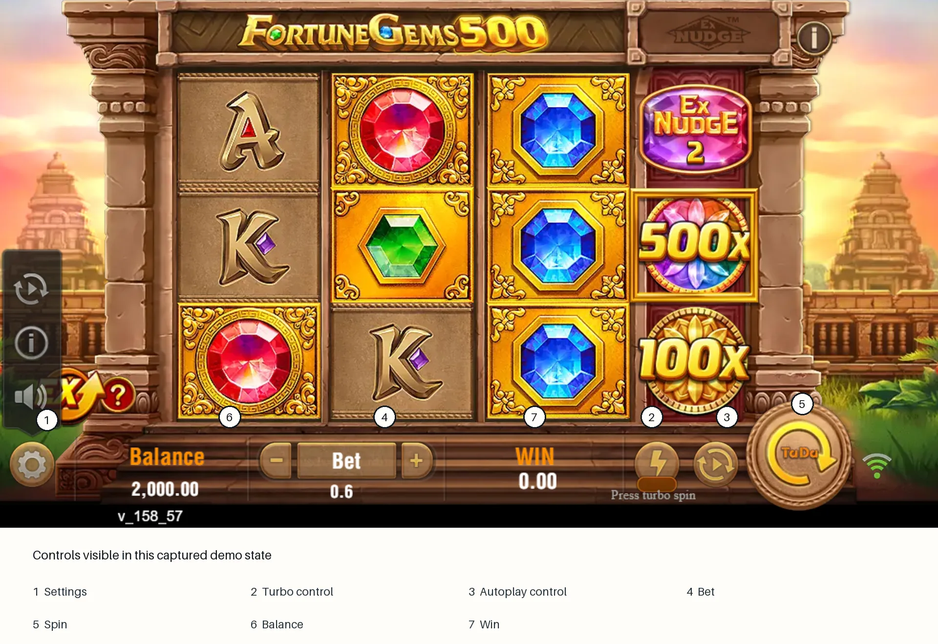 Annotated Fortune Gems 500 demo controls and information fields Annotated Fortune Gems 500 demo controls and information fields