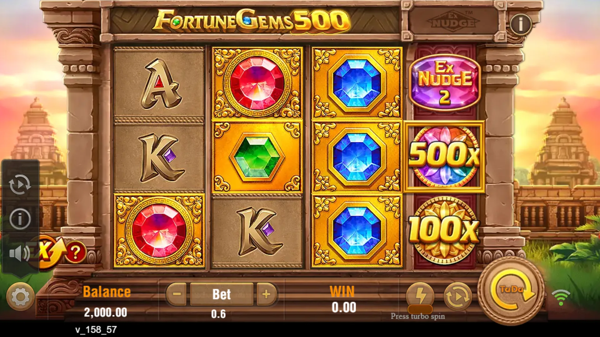 Fortune Gems 500 main screen with primary grid and special fourth reel Fortune Gems 500 main screen with primary grid and special fourth reel