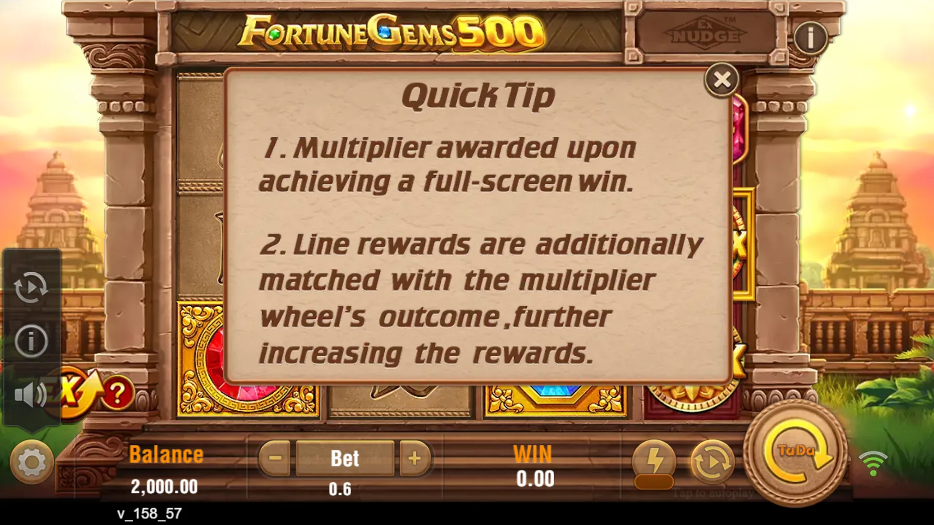 Official Fortune Gems 500 demo showing a quick-tip state before play Official Fortune Gems 500 demo showing a quick-tip state before play